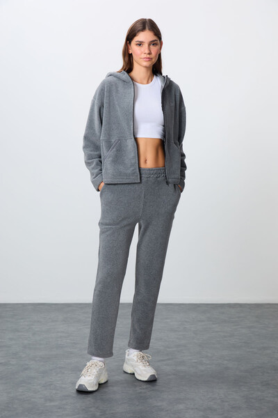 Tommylife Wholesale Oversize Hooded Women's Fleece Tracksuit Set 95338 Gray Melange - Thumbnail