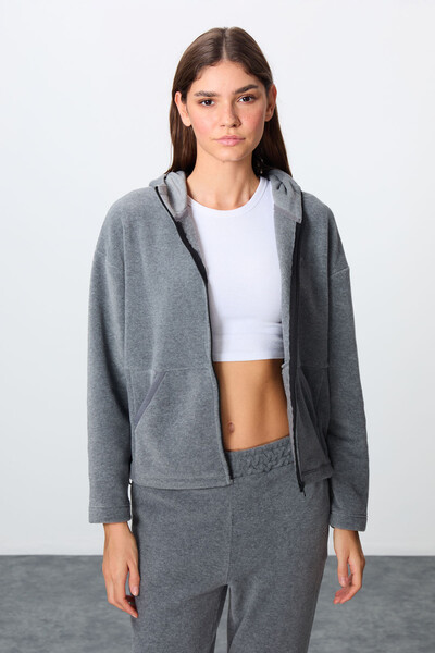 Tommylife Wholesale Oversize Hooded Women's Fleece Tracksuit Set 95338 Gray Melange - Thumbnail