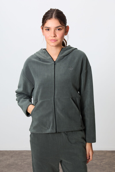 Tommylife Wholesale Oversize Hooded Women's Fleece Tracksuit Set 95338 Khaki - Thumbnail