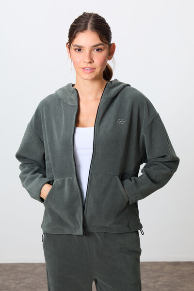 Tommylife Wholesale Oversize Hooded Women's Fleece Tracksuit Set 95338 Khaki - Thumbnail