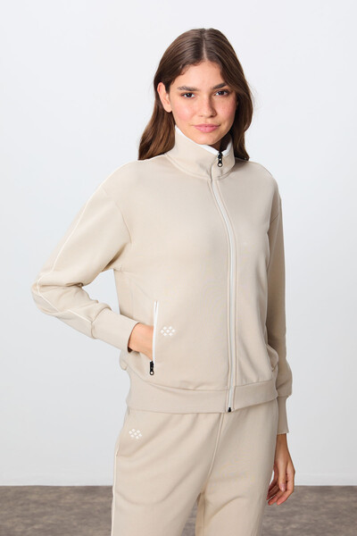 Tommylife Wholesale Oversize Stand Collar Jogger Women's Tracksuit Set 95340 Beige - Thumbnail