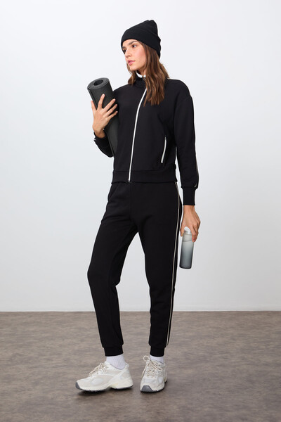 Tommylife Wholesale Oversize Stand Collar Jogger Women's Tracksuit Set 95340 Black - Thumbnail