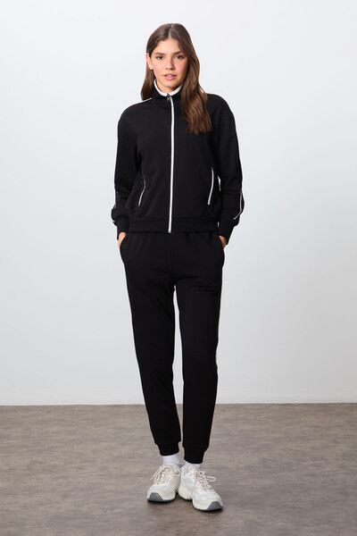 Tommylife Wholesale Oversize Stand Collar Jogger Women's Tracksuit Set 95340 Black - Thumbnail