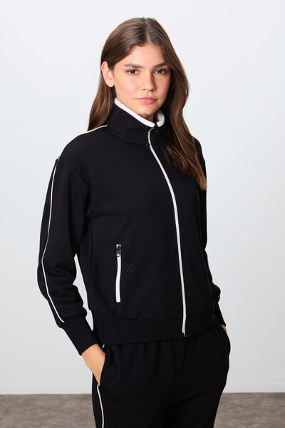 Tommylife Wholesale Oversize Stand Collar Jogger Women's Tracksuit Set 95340 Black - Thumbnail