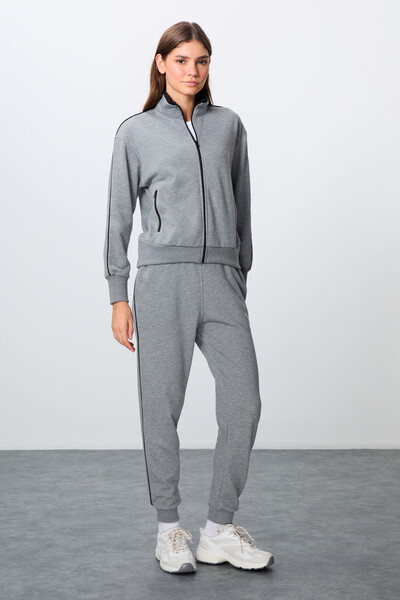 Tommylife Wholesale Oversize Stand Collar Jogger Women's Tracksuit Set 95340 Gray Melange - Thumbnail