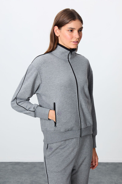 Tommylife Wholesale Oversize Stand Collar Jogger Women's Tracksuit Set 95340 Gray Melange - Thumbnail