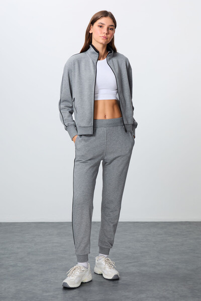 Tommylife Wholesale Oversize Stand Collar Jogger Women's Tracksuit Set 95340 Gray Melange - Thumbnail