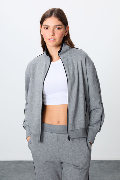 Tommylife Wholesale Oversize Stand Collar Jogger Women's Tracksuit Set 95340 Gray Melange - Thumbnail