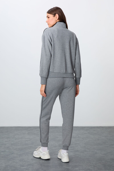 Tommylife Wholesale Oversize Stand Collar Jogger Women's Tracksuit Set 95340 Gray Melange - Thumbnail