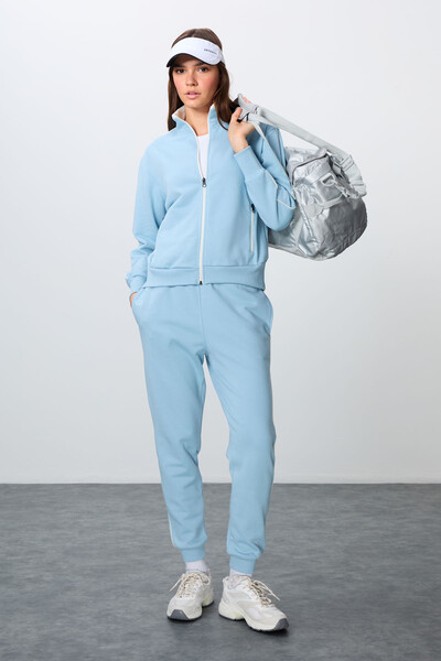 Tommylife Wholesale Oversize Stand Collar Jogger Women's Tracksuit Set 95340 Light Blue - Thumbnail