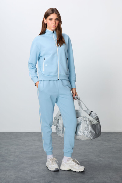 Tommylife Wholesale Oversize Stand Collar Jogger Women's Tracksuit Set 95340 Light Blue - Thumbnail