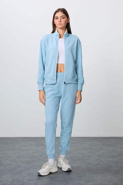 Tommylife Wholesale Oversize Stand Collar Jogger Women's Tracksuit Set 95340 Light Blue - Thumbnail