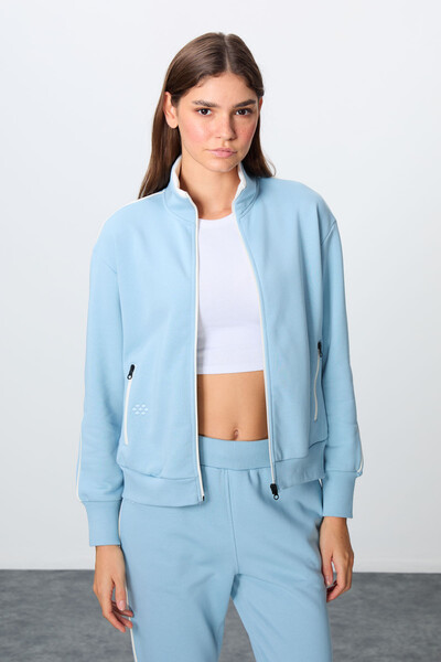 Tommylife Wholesale Oversize Stand Collar Jogger Women's Tracksuit Set 95340 Light Blue - Thumbnail