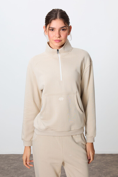 Tommylife Wholesale Oversize Stand Collar Jogger Women's Tracksuit Set 95342 Beige - Thumbnail