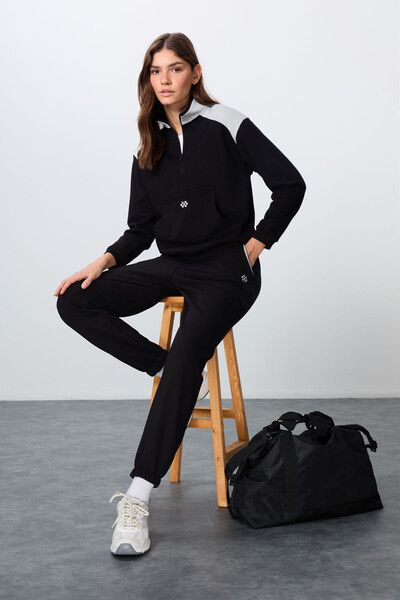 Tommylife Wholesale Oversize Stand Collar Jogger Women's Tracksuit Set 95342 Black - Thumbnail