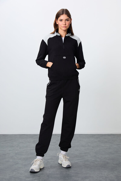 Tommylife Wholesale Oversize Stand Collar Jogger Women's Tracksuit Set 95342 Black - Thumbnail