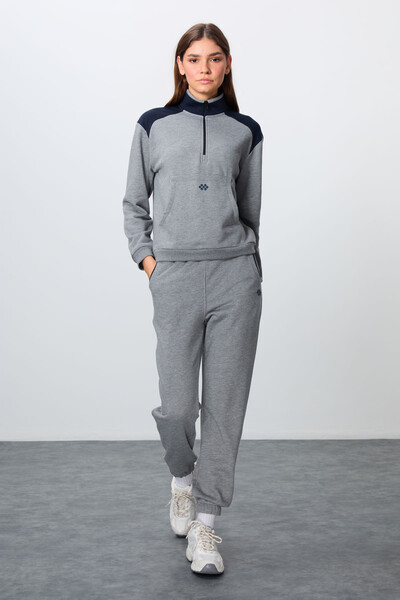 Tommylife Wholesale Oversize Stand Collar Jogger Women's Tracksuit Set 95342 Gray Melange - Thumbnail