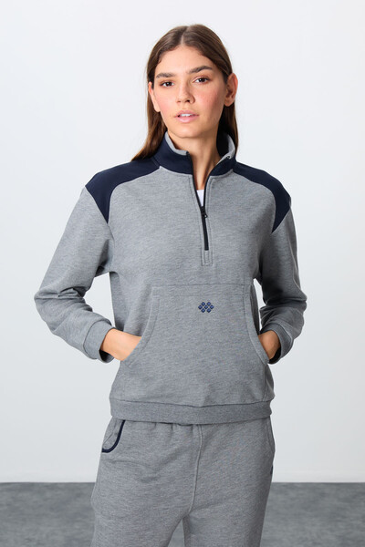 Tommylife Wholesale Oversize Stand Collar Jogger Women's Tracksuit Set 95342 Gray Melange - Thumbnail