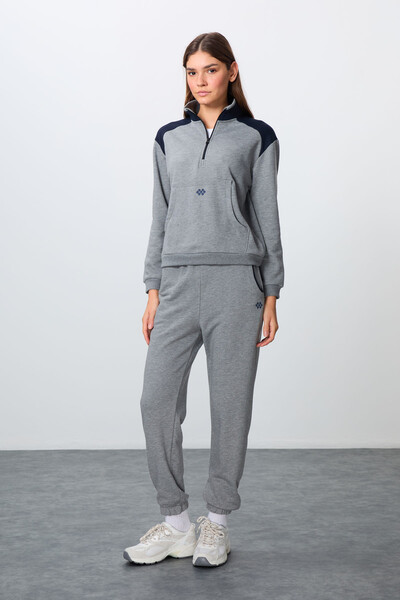 Tommylife Wholesale Oversize Stand Collar Jogger Women's Tracksuit Set 95342 Gray Melange - Thumbnail