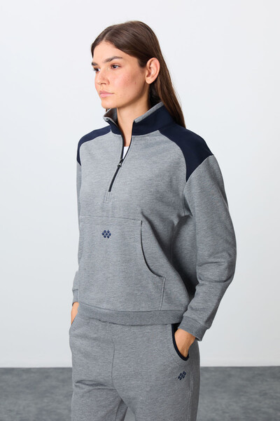 Tommylife Wholesale Oversize Stand Collar Jogger Women's Tracksuit Set 95342 Gray Melange - Thumbnail