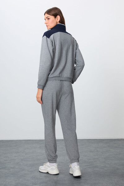 Tommylife Wholesale Oversize Stand Collar Jogger Women's Tracksuit Set 95342 Gray Melange - Thumbnail