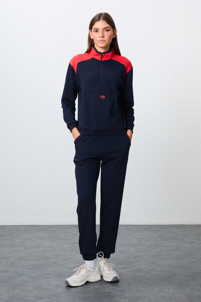 Tommylife Wholesale Oversize Stand Collar Jogger Women's Tracksuit Set 95342 Indigo - Thumbnail