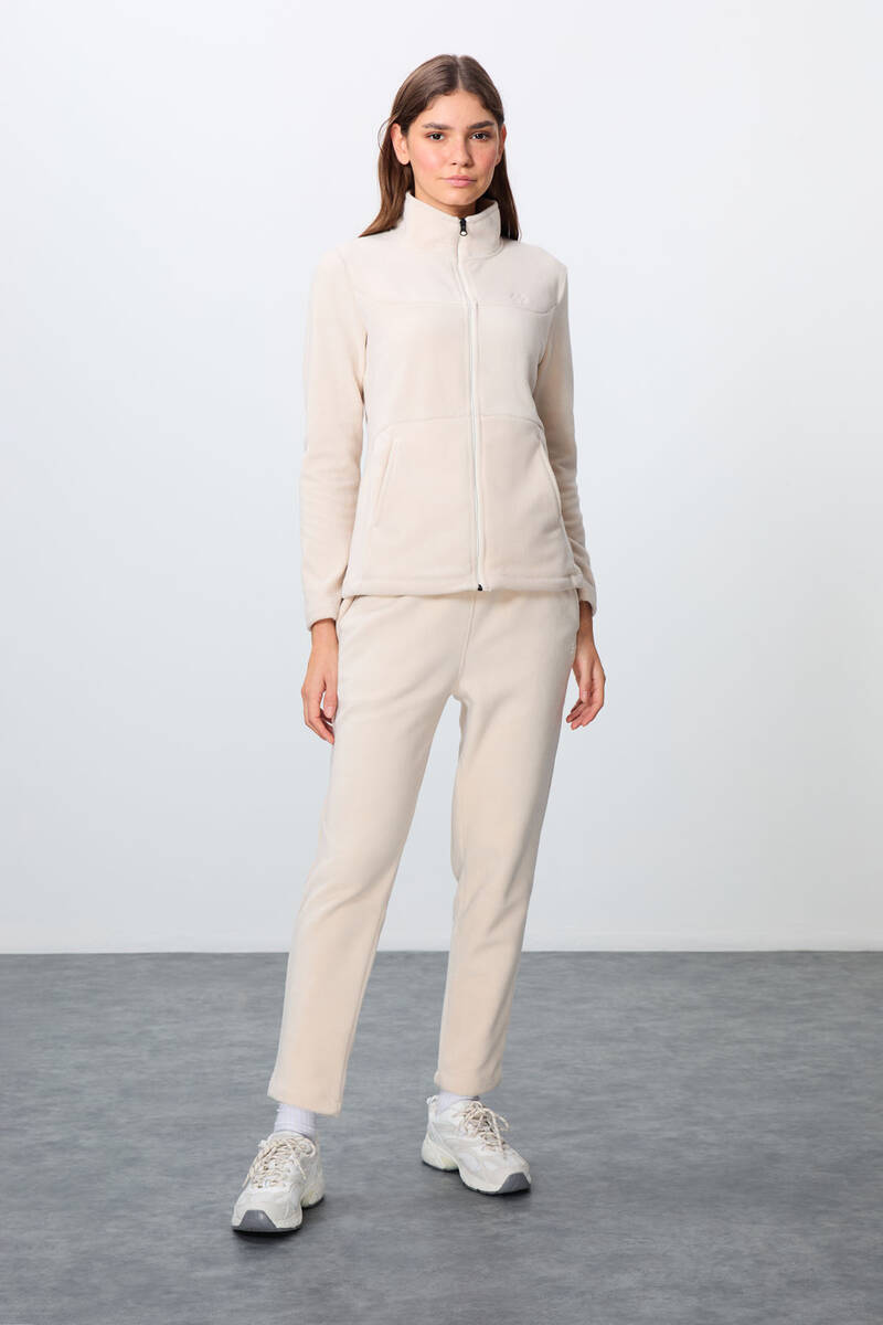 TommyLife - Tommylife Wholesale Oversize Stand Collar Women's Fleece Tracksuit Set 95339 Beige