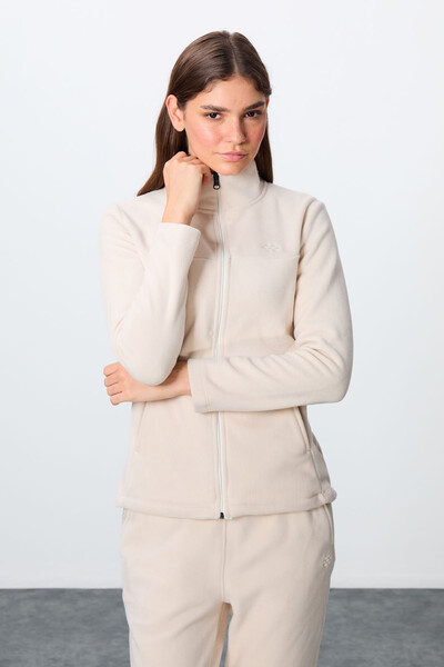 Tommylife Wholesale Oversize Stand Collar Women's Fleece Tracksuit Set 95339 Beige - Thumbnail