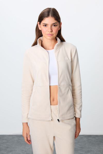 Tommylife Wholesale Oversize Stand Collar Women's Fleece Tracksuit Set 95339 Beige - Thumbnail