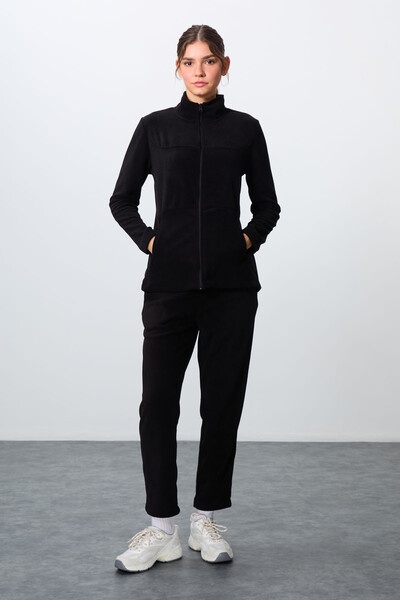 Tommylife Wholesale Oversize Stand Collar Women's Fleece Tracksuit Set 95339 Black - Thumbnail