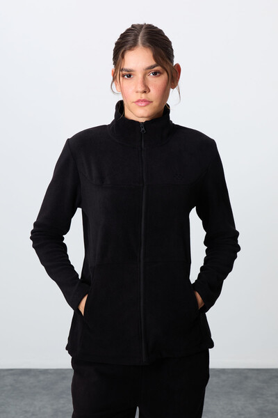 Tommylife Wholesale Oversize Stand Collar Women's Fleece Tracksuit Set 95339 Black - Thumbnail