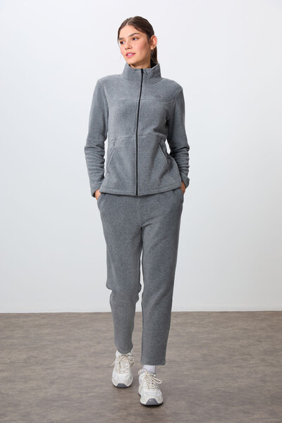 Tommylife Wholesale Oversize Stand Collar Women's Fleece Tracksuit Set 95339 Gray Melange - Thumbnail