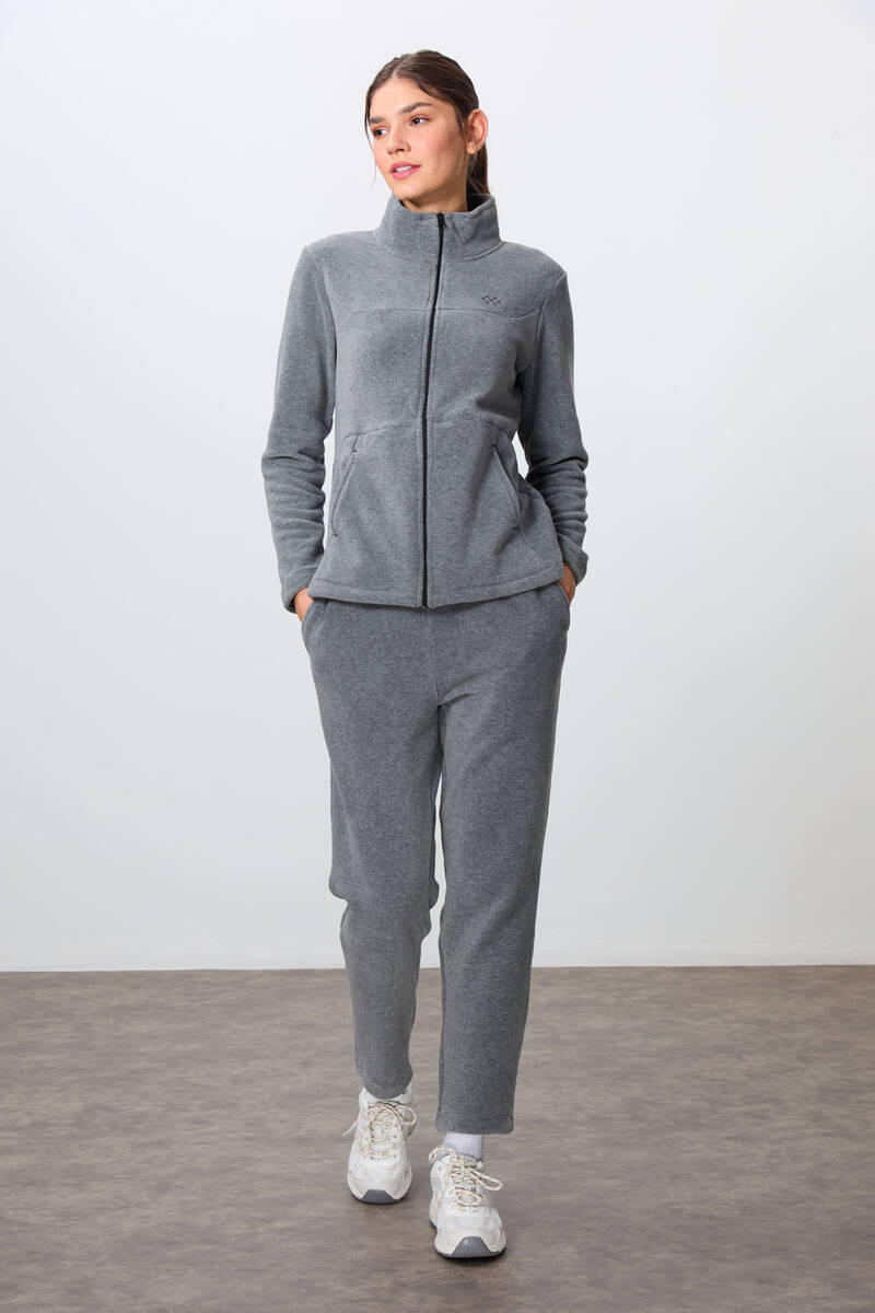 TommyLife - Tommylife Wholesale Oversize Stand Collar Women's Fleece Tracksuit Set 95339 Gray Melange