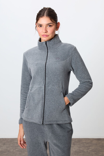 Tommylife Wholesale Oversize Stand Collar Women's Fleece Tracksuit Set 95339 Gray Melange - Thumbnail