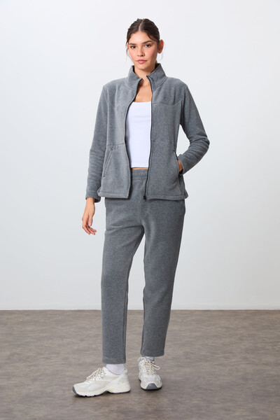 Tommylife Wholesale Oversize Stand Collar Women's Fleece Tracksuit Set 95339 Gray Melange - Thumbnail