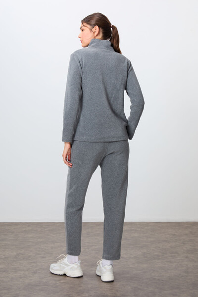 Tommylife Wholesale Oversize Stand Collar Women's Fleece Tracksuit Set 95339 Gray Melange - Thumbnail