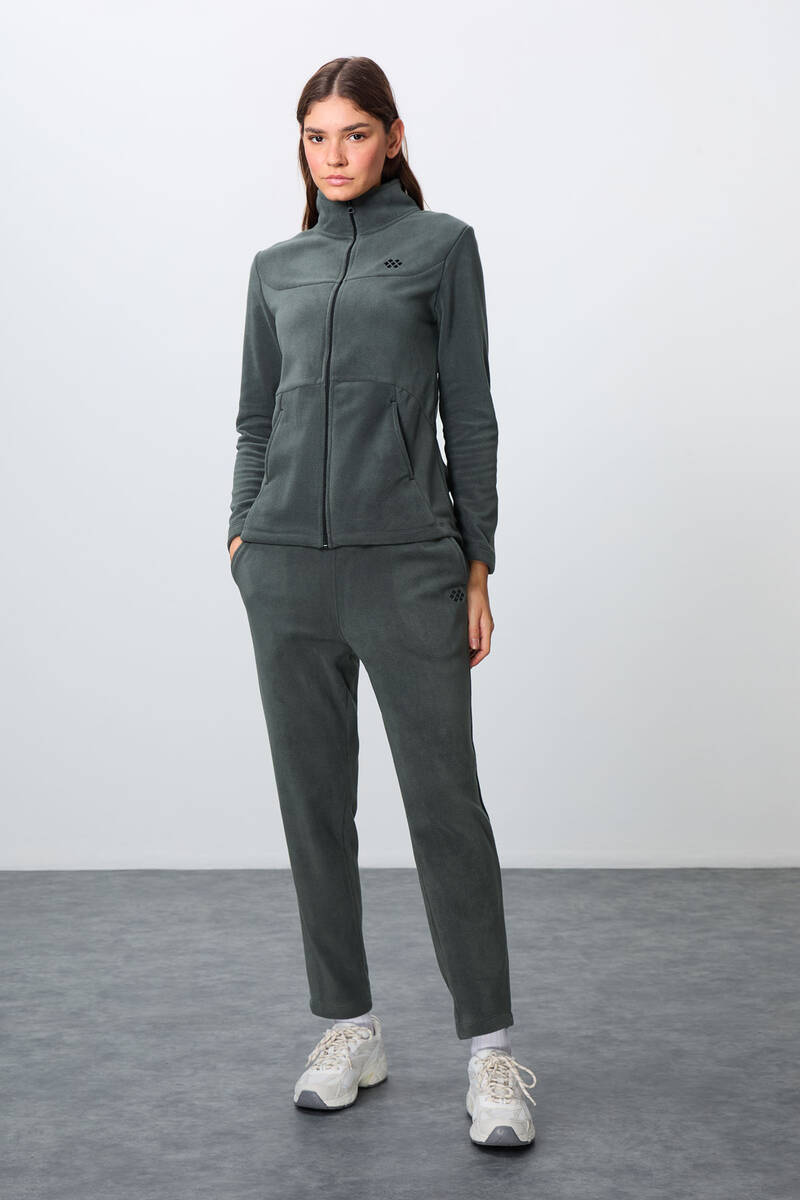 TommyLife - Tommylife Wholesale Oversize Stand Collar Women's Fleece Tracksuit Set 95339 Khaki