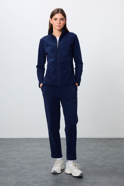 Tommylife Wholesale Oversize Stand Collar Women's Fleece Tracksuit Set 95339 Navy Blue - Thumbnail