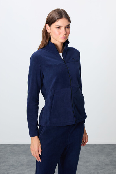 Tommylife Wholesale Oversize Stand Collar Women's Fleece Tracksuit Set 95339 Navy Blue - Thumbnail