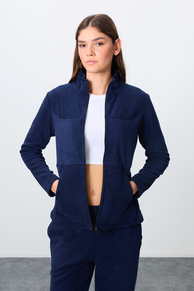 Tommylife Wholesale Oversize Stand Collar Women's Fleece Tracksuit Set 95339 Navy Blue - Thumbnail