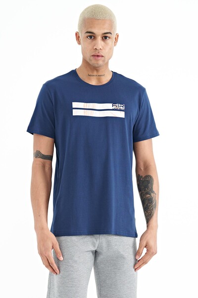 Tommylife Wholesale Peter Crew Neck Standard Fit Printed Men's T-Shirt 88204 Indigo - Thumbnail