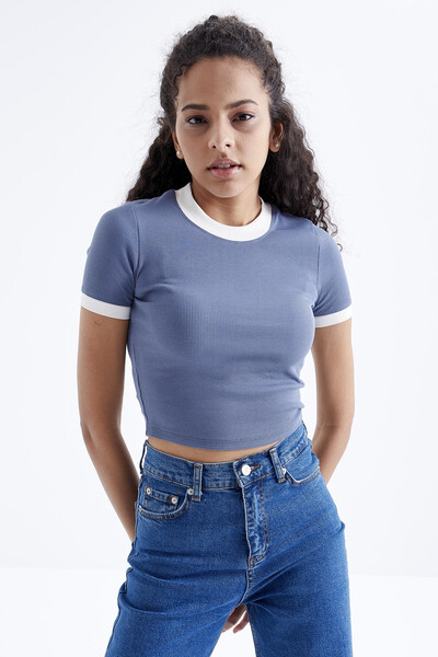 Tommylife Wholesale Petrol Blue Basic Crew Neck Women's Crop Top T-Shirt - 97200 - Thumbnail