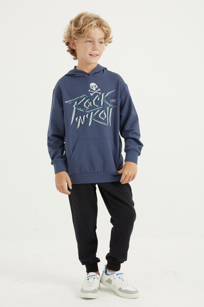 Tommylife Wholesale Petrol Blue Kangaroo Pocket Hoodie Standard Fit Boys' Sweatshirt - 11002 - Thumbnail
