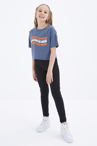 Tommylife Wholesale Petrol Blue Oversize With Colourful Text Printed Off Shoulder Bike Collar Crop Girl T-shirt - 75038 - Thumbnail