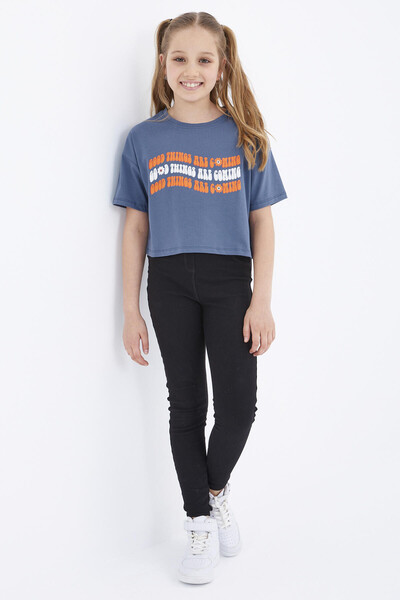 Tommylife Wholesale Petrol Blue Oversize With Colourful Text Printed Off Shoulder Bike Collar Crop Girl T-shirt - 75038 - Thumbnail
