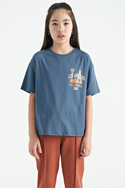 Tommylife Wholesale Petrol Blue Round Neck Oversize Short Sleevelu Girls T-Shirt - 75127 - Thumbnail