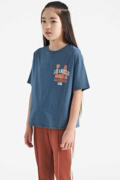 Tommylife Wholesale Petrol Blue Round Neck Oversize Short Sleevelu Girls T-Shirt - 75127 - Thumbnail