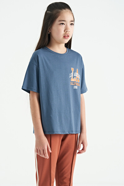 Tommylife Wholesale Petrol Blue Round Neck Oversize Short Sleevelu Girls T-Shirt - 75127 - Thumbnail