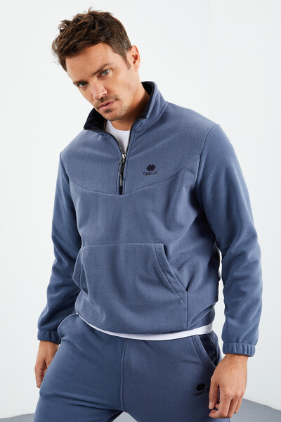 Tommylife Wholesale Petrol Blue With Half Zipper Neckband Elastic Hem Men's Fleece Set - 85159 - 3