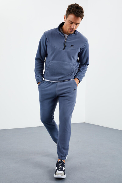 Tommylife Wholesale Petrol Blue With Half Zipper Neckband Elastic Hem Men's Fleece Set - 85159 - 4